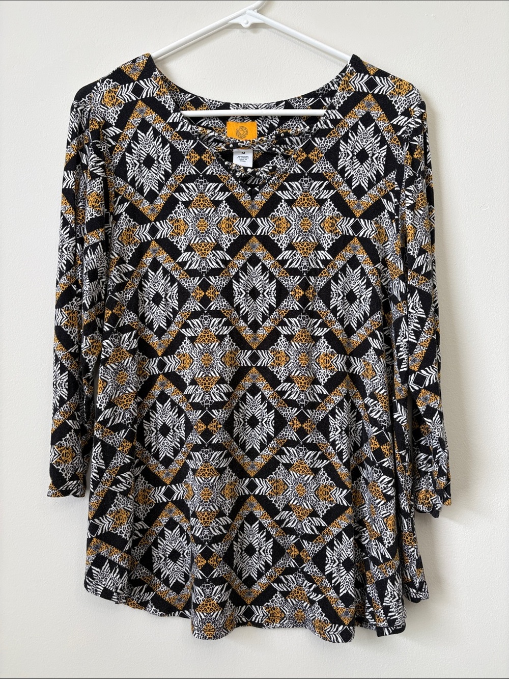 Ruby Rd. Black White & Gold Geometric V-Neck Tunic